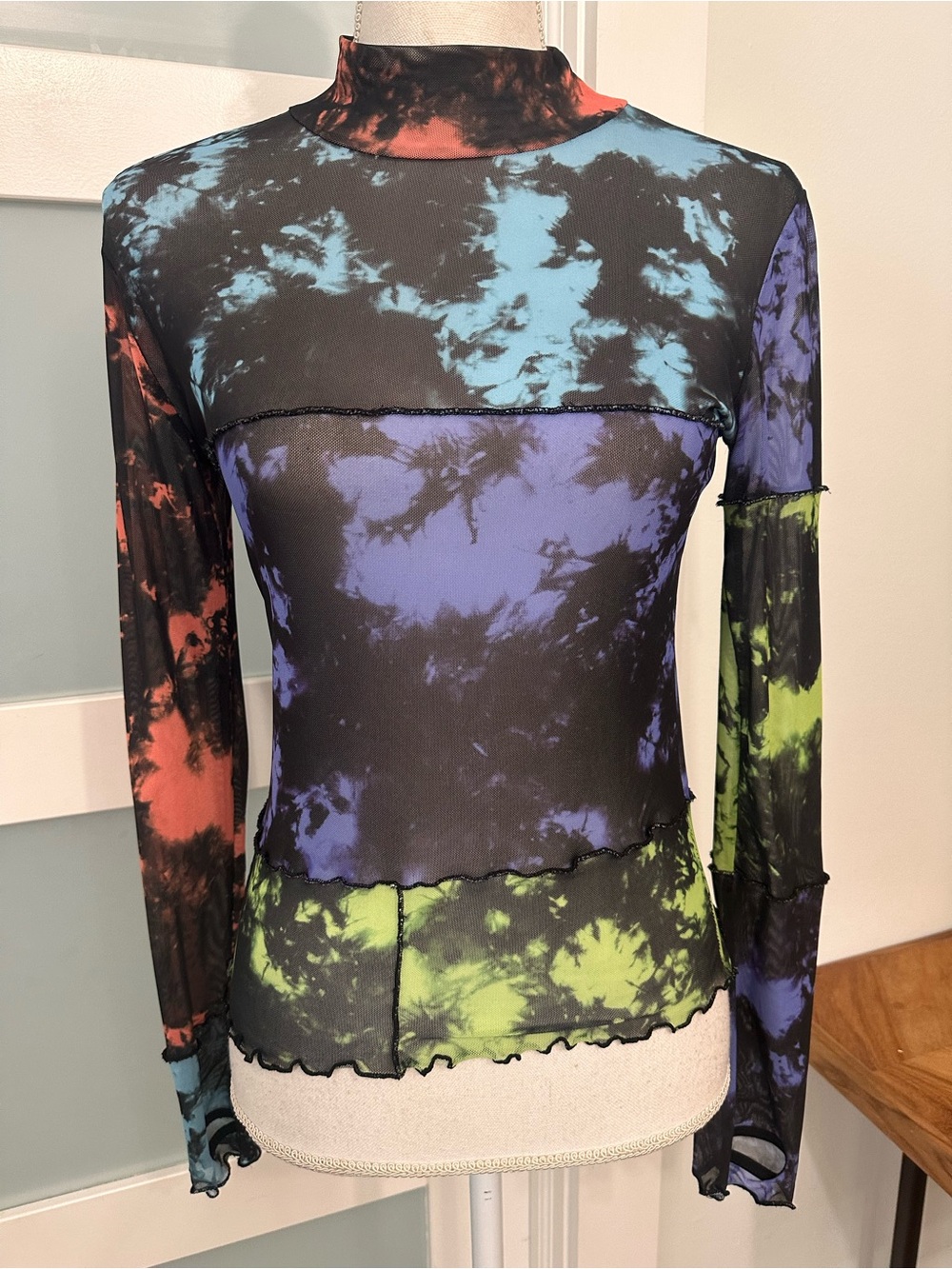 Current Mood Dolls Kill Sheer Mesh Tie Dye Long Sleeve Top SZ M Indie Sleaze EUC